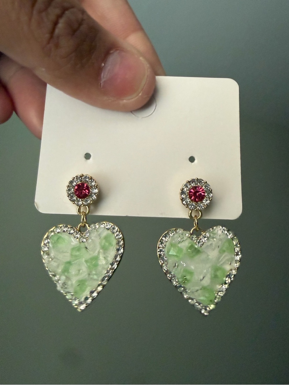 Gold-Tone Green Heart Drop Earrings with Pink Crystal Accent